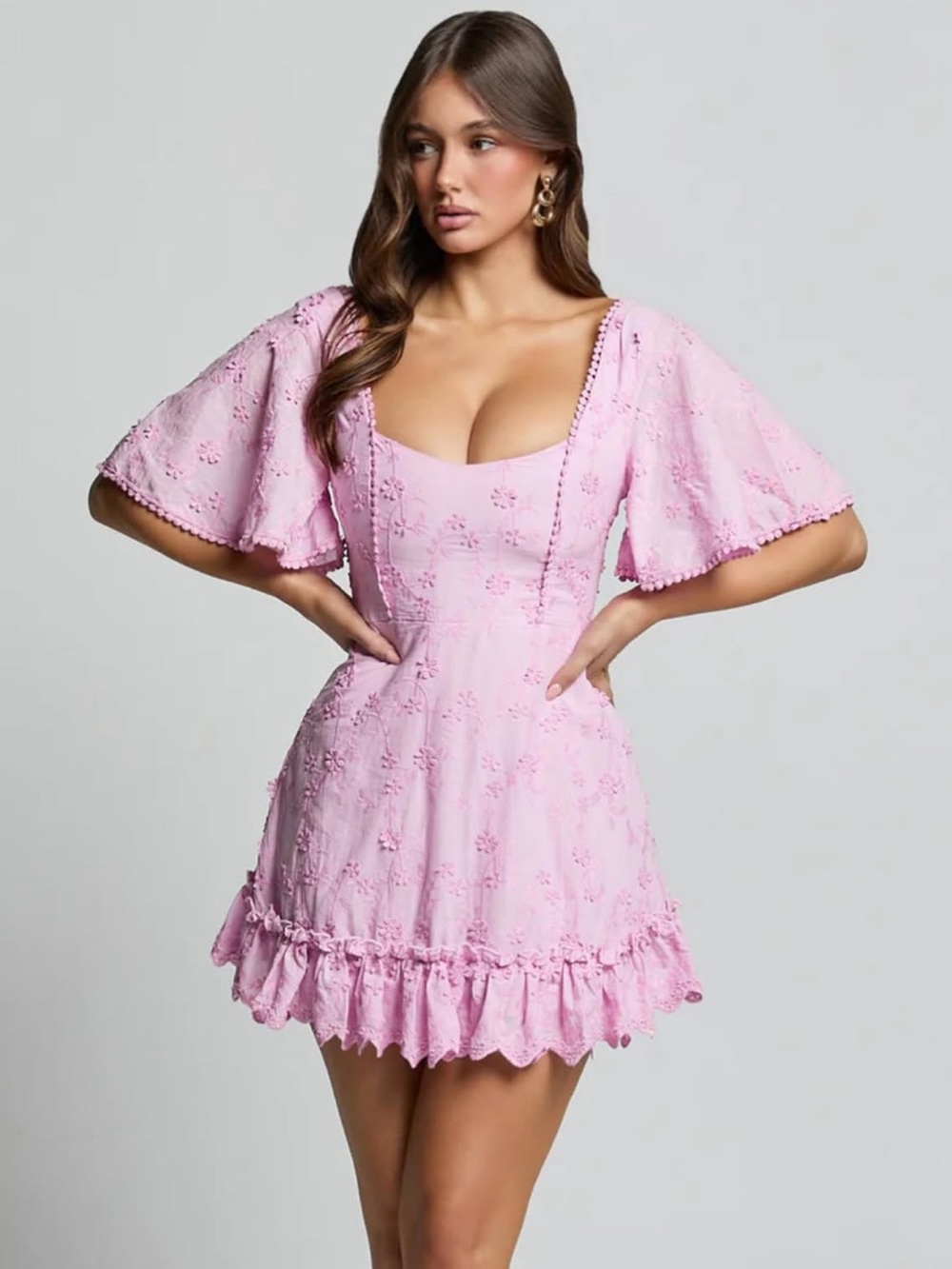 Pink Embroidered Mini Dress with Flutter Sleeves ShowPo